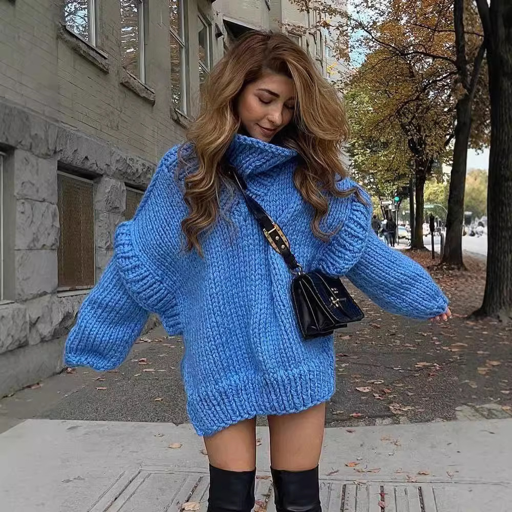 2023 cross-border new European and American Foreign trade sweater Amazon sweater pullover women's fluffy long sleeve turtleneck sweater