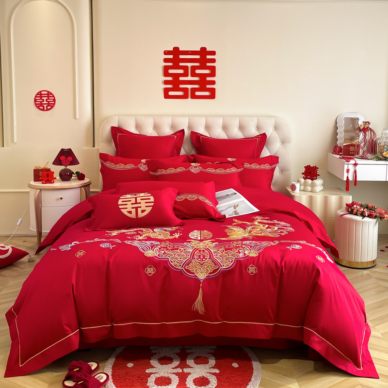 Picture of Y * J Chinese Dragon and Phoenix Embroidery Big Red Wedding Four-Piece Set Wedding Accompanying Cotton Six-Piece Bed Sheet Quilt Cover Bed