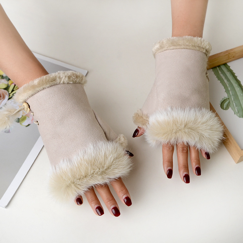 Picture of Factory sales suede rabbit fur half finger gloves women winter gloves warm gloves computer gloves wholesale