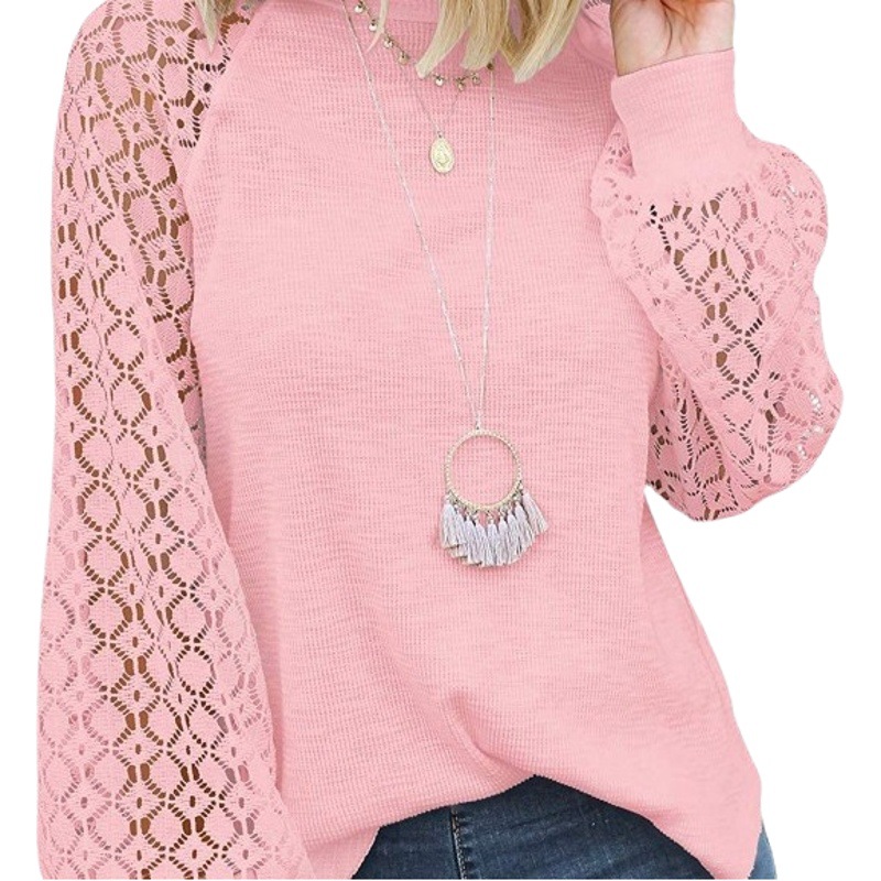 2025 New Women's Clothing Amazon Cross-Border Round Neck Long Sleeve Lace Patchwork Loose Top for Women