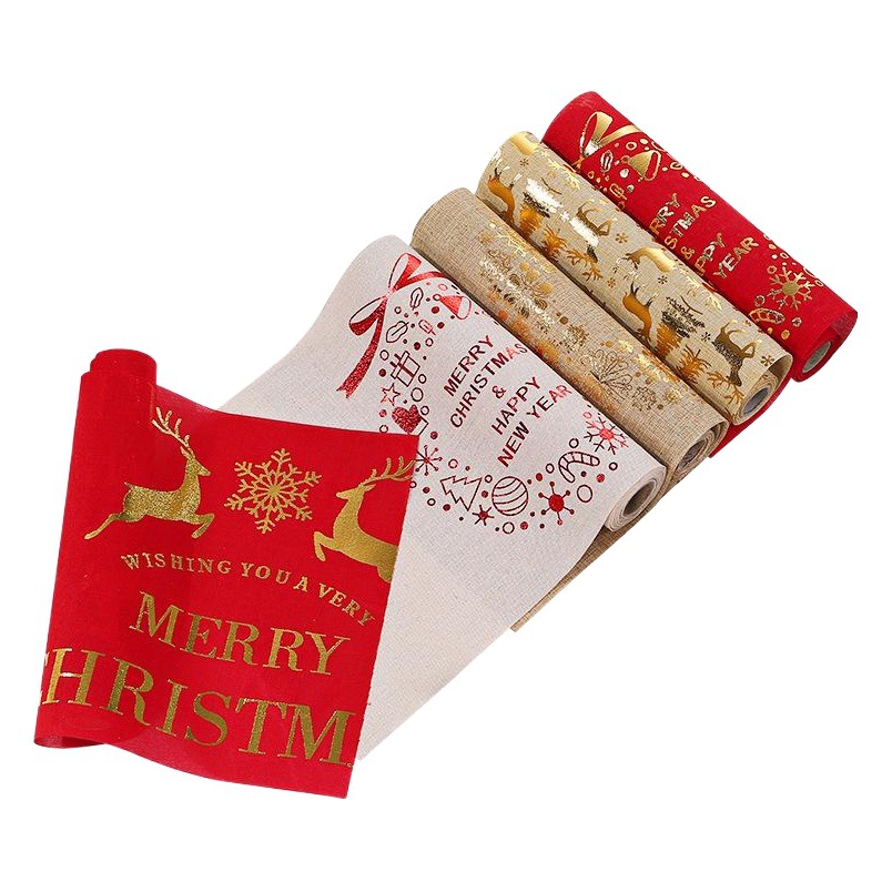 Christmas New Arrival Christmas Table Runner Tablecloth Fine Linen Printed Gold Foil Creative Desktop Decorations Christmas Tree