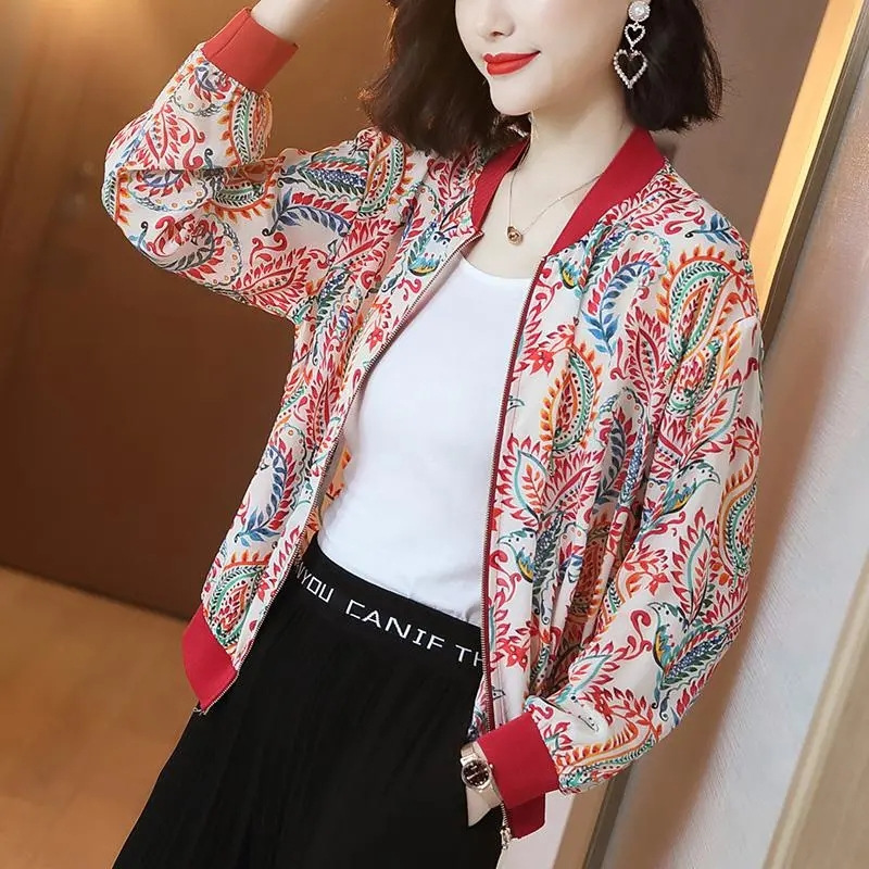 plus size Short Color Cardigan Jacket Women's Summer New Round Neck Jacket Baseball Suit Middle-aged Chiffon Long-sleeved Sunscreen Clothes