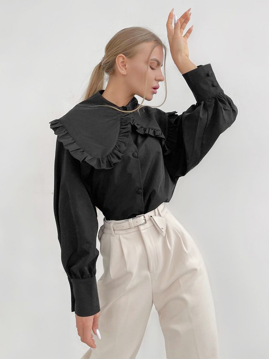 Picture of European and American Fashionable Sweet White Doll Collar Shirt 2024 Design Loose Women's Pure Cotton Cardigan Long-Sleeved Top