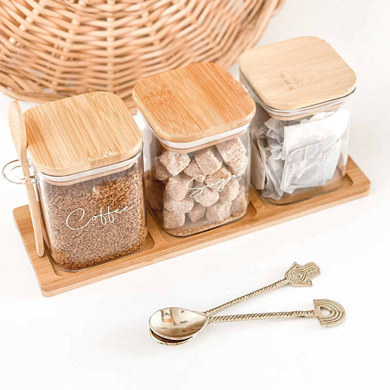 Picture of Light Luxury Kitchen Supplies Seasoning Jar Full Set Household Glass Jar Wooden Spoon Sealed Jar Combination Three-piece Seasoning Bottle