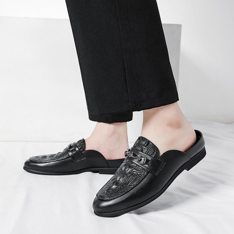 Baotou Leather Slippers Men's Slip-on Heel-free Fitting Room Half Slippers for Outer Wear Casual Lazy Foot-free Bean Shoes