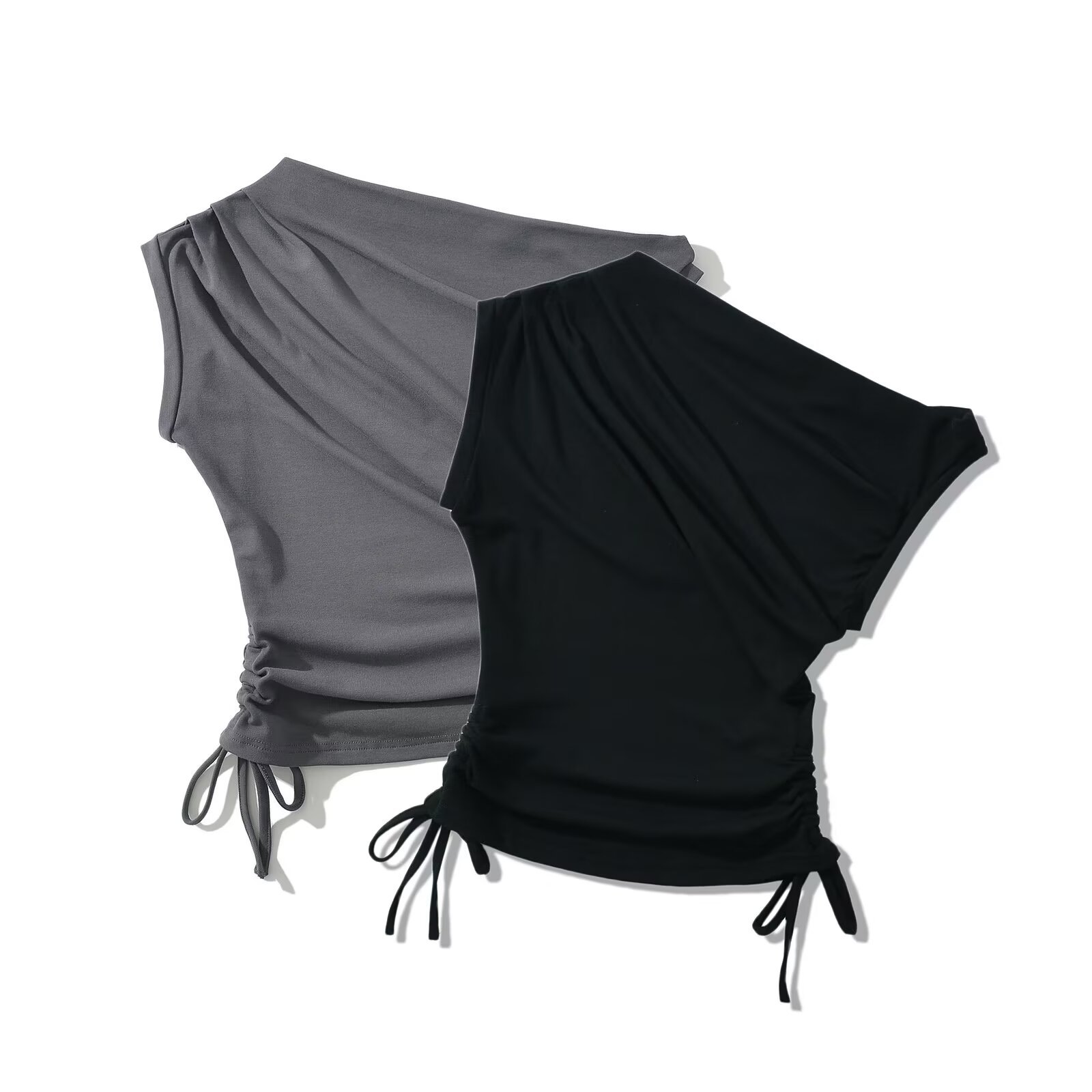 European and American style new fashion casual sleeveless round neck pleated drawstring slim top