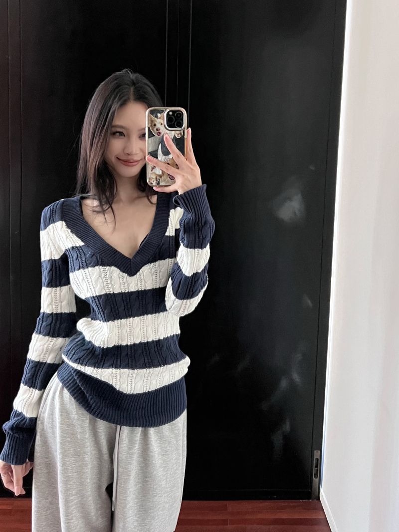 Blue and White Striped Collar Long-Sleeved Sweater Women's Autumn Slim-Fit Slimming Sweater Stretch Contrast Color Inner Base Top