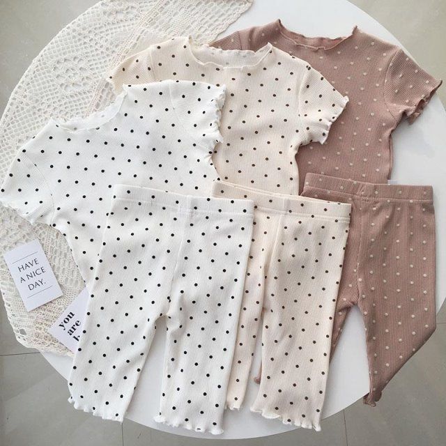 Baby Pajamas Summer Thin Set Polka Dot Fashionable Girls Summer Two-Piece Set Home Clothes Children's Air-Conditioned Clothes for Women