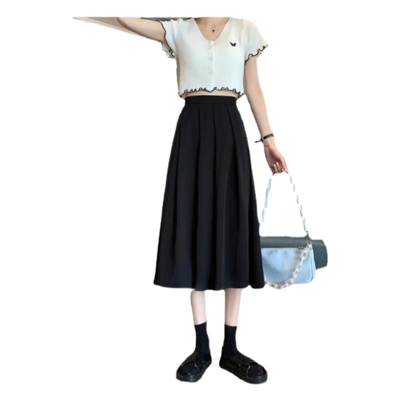Black Skirt Women's Spring and Summer 2023 New Korean Style High Waist Slim A- Line Pleated Skirt Elegant All-Match Mid-Length Skirt