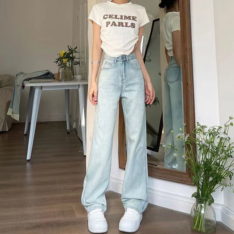American Light Color Straight Leg Jeans Women's Autumn 2024 New All-match Small Narrow Wide Leg Long Trendy Pants