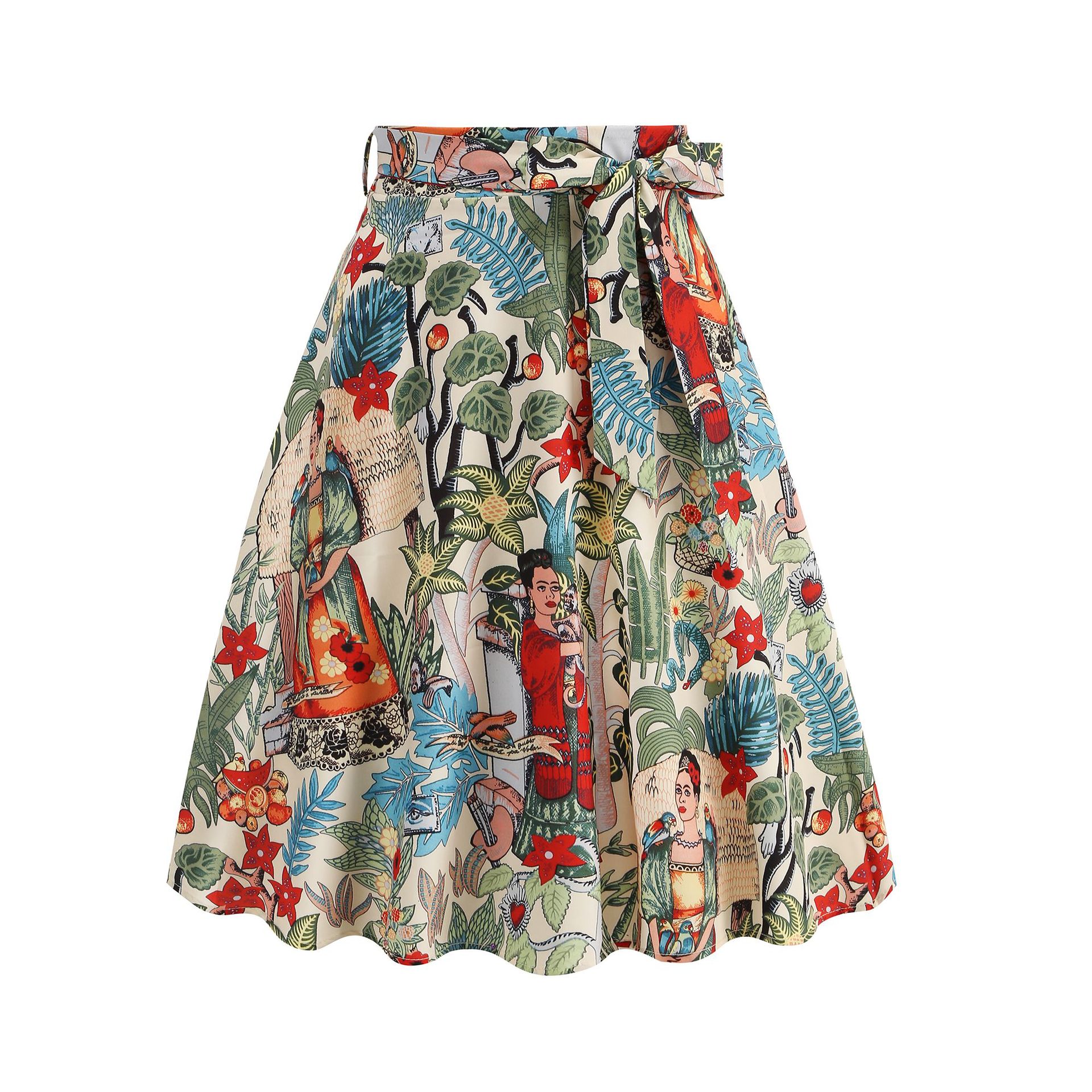 Cross-border foreign trade Europe and the United States graffiti skirt waist cute sweet big swing A- shaped skirt with belt