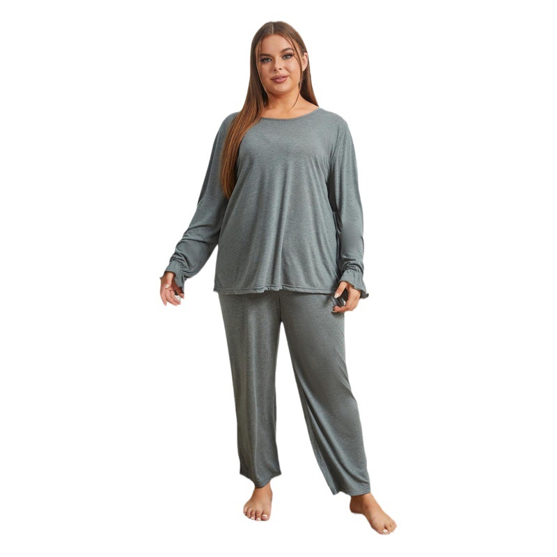 European and American Cross-Border Large Size Pajamas for Women in Autumn and Winter Pure Color Loose Long-Sleeved Two-Piece Home Clothesпижаovic