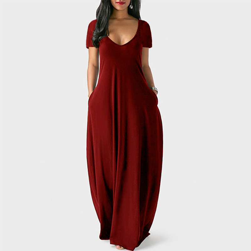 Picture of 2021 Europe and the United States summer cross-border foreign trade new plus size women's solid color dress sexy deep V short sleeve dress