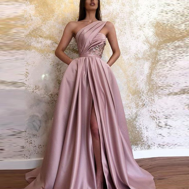 Picture of Temperament Sloping Shoulder Evening Gown Sexy Slit Sloping Shoulder Evening Dress