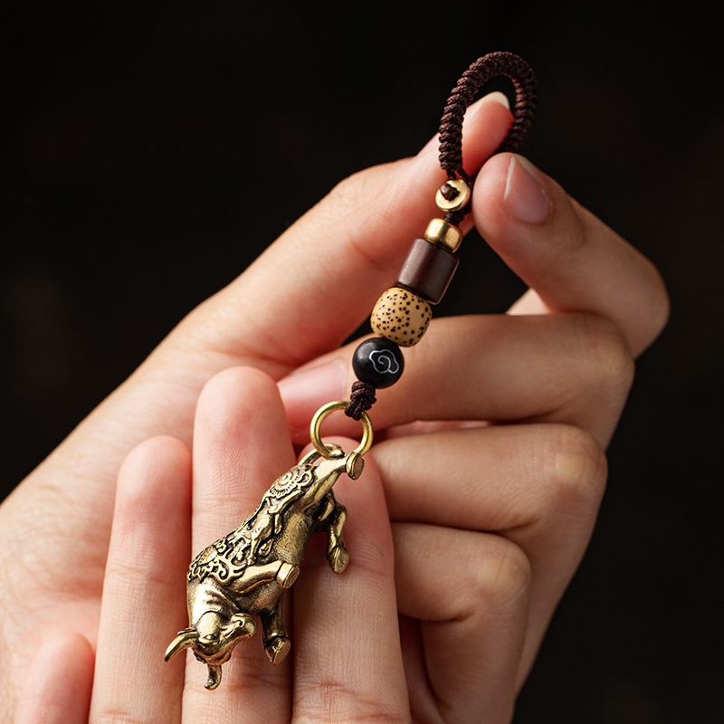 Brass Bullish Zodiac Cow Zodiac Car Keychain Pendant Vintage Handmade Braided Rope Pendant