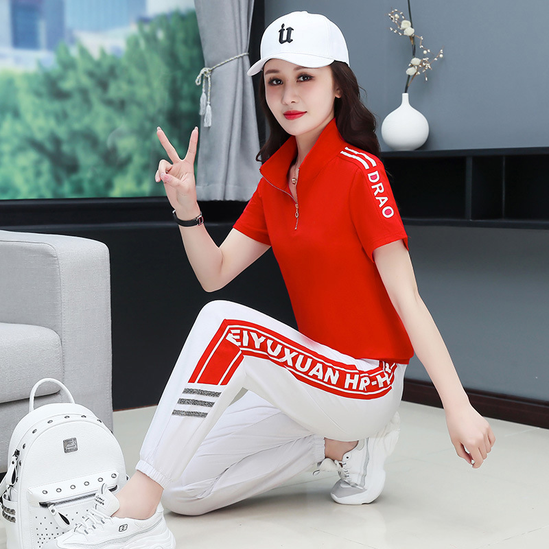 Internet Celebrity Dancing Casual Sportswear Suit Women's Summer Cotton Shuffle Square Dance Two-piece Set Contrasting Color Foreign Style