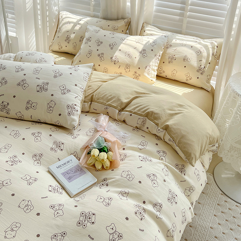 Picture of Class A Washed Double Yarn Cotton and Linen Four-piece Bed Sheet Cover Cover Three-piece Machine Washable Single and Double Bed Top Supplies