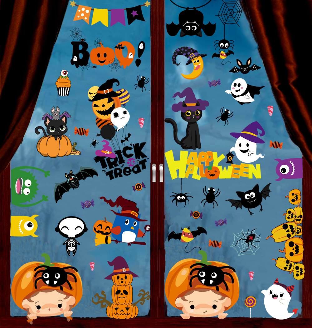 New Amazon Halloween Static Sticker Cartoon Cute Bat Spider Pumpkin Shop Window Glass Door Decoration Sticker