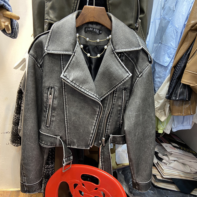 Picture of Hong Kong Style Retro Leather Jacket Women's Short New Casual This Year's Popular Motorcycle PU Leather Jacket