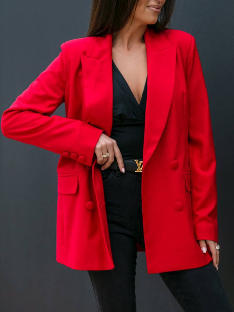 Picture of 2022 cross-border foreign trade autumn and winter New Ladies solid color simple double-breasted casual suit jacket spot