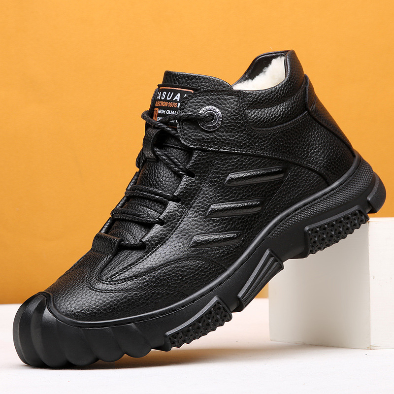 Wenzhou factory winter thick wool cotton shoes men's fur integrated warm leather high-top leather shoes men's snow boots