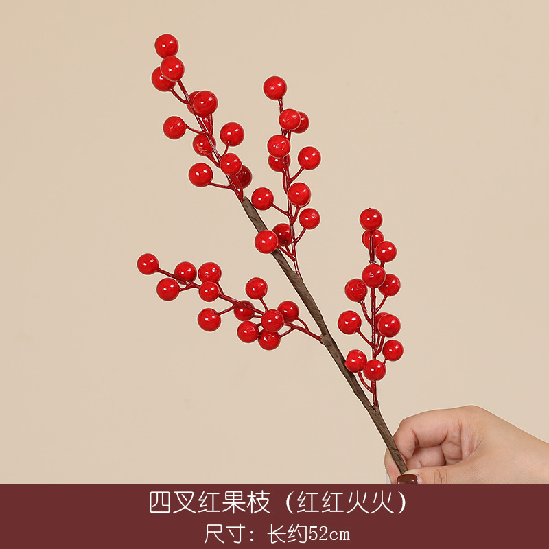 Picture of Red Fruit Branch Artificial Flower Holly Fruit Artificial Flower Red Berry Living Room Housewarming New Year Decoration Spring Festival Blessing Bucket Flower Arrangement Accessories
