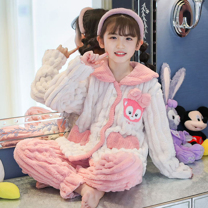 Picture of Children's Pajamas Flannel Autumn and Winter Girls' Coral Fleece Thickened Warm Style Middle and Large Children's Girls' Home Clothes suit
