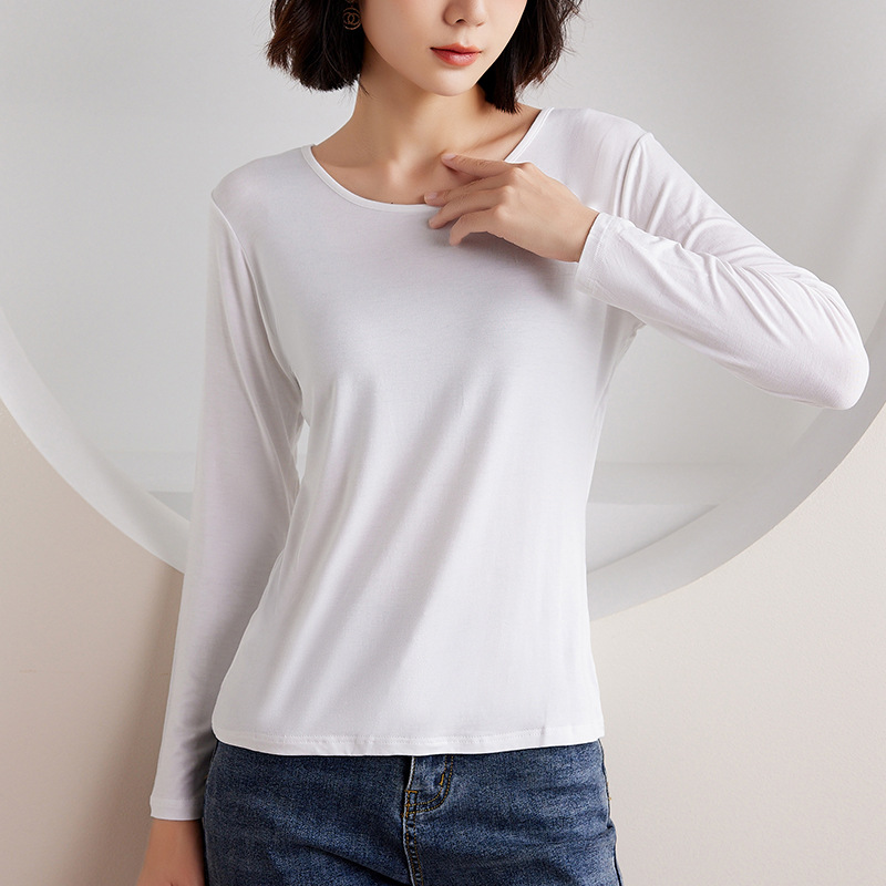 Picture of Women's Round Neck Inner Base Shirt for Autumn and Winter plus size Thin Autumn Clothes Solid Color Underwear Long-sleeved T-shirt for Women