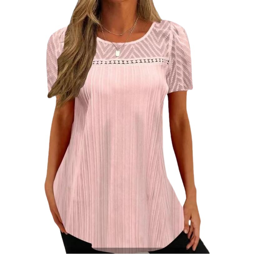 Spot a generation of Amazon summer new comfortable loose pullover crew neck lace stitching short sleeve T-shirt Women