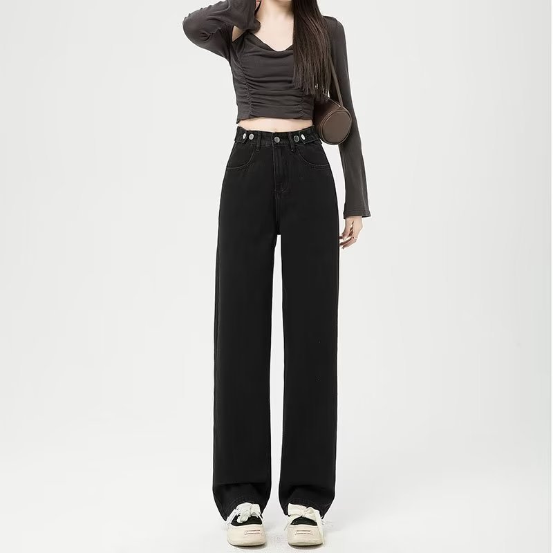 Picture of Black small wide-leg jeans women's straight loose autumn and winter 2023 new high waist drape slimming mop pants