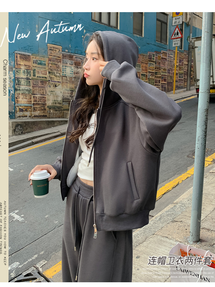 Grey Casual Hooded Sweat suit Women's Spring Autumn and Winter New Korean Style Laid-back Wide-leg Pants Loose Two-piece Set