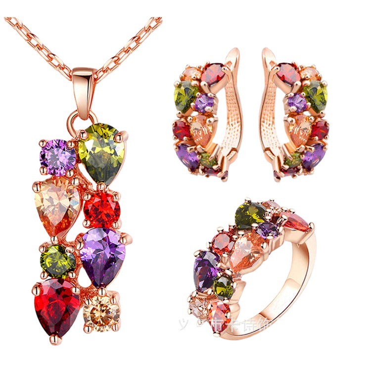 Jewelry Three-Piece Set Bridal Jewelry Colorful Shiny Zircon Necklace Earrings Ring Jewelry Set