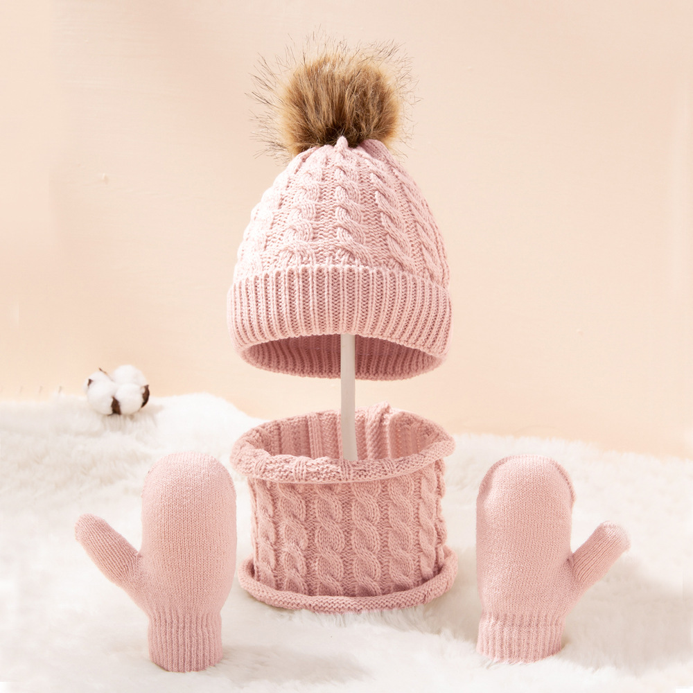 Picture of New wool monochrome twist warm children's hat scarf gloves two or three-piece spot children's hat set