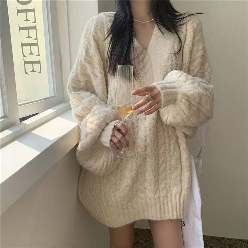 Outdoor Wear spring and autumn versatile lazy style V-neck twist sweater gentle Korean style top soft glutinous thick wool woven winter thick