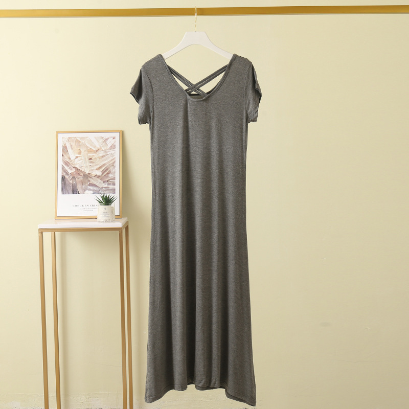 Picture of Modal Beautiful Back Cross Sexy Long Skirt Elegant Simple Short-Sleeved Dress Summer Thin Stripesd Skirt