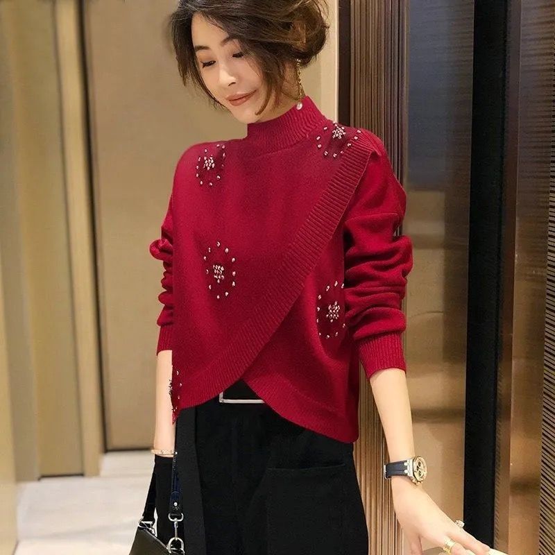 European Station 2023 Spring and Autumn High Collar Loose Knitted Sweater Western Style Red Sweater Women's Trendy Ins