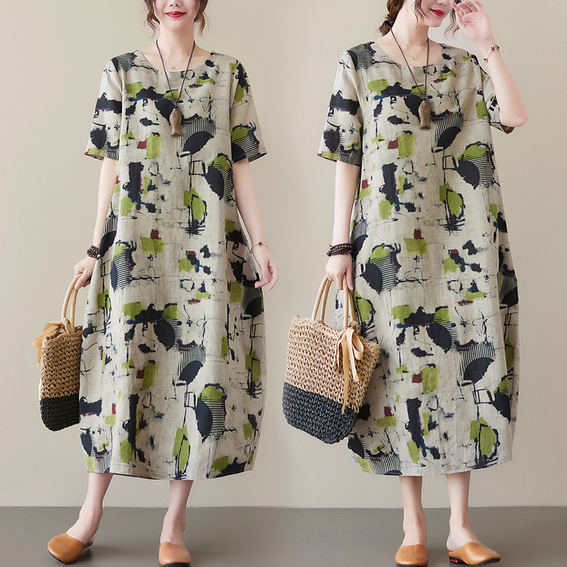 Picture of Summer New Fat mm Cotton and Linen Retro Printed Artistic Over-The-Knee Mid-Length Short-Sleeved Dress for Women with Elegant