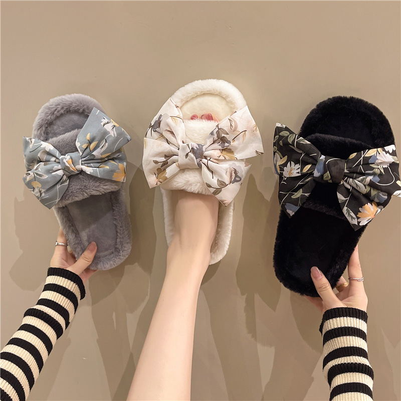 Cross-border foreign trade fashion bow flower fluffy slippers women's home slippers warm floor cotton slippers autumn and winter