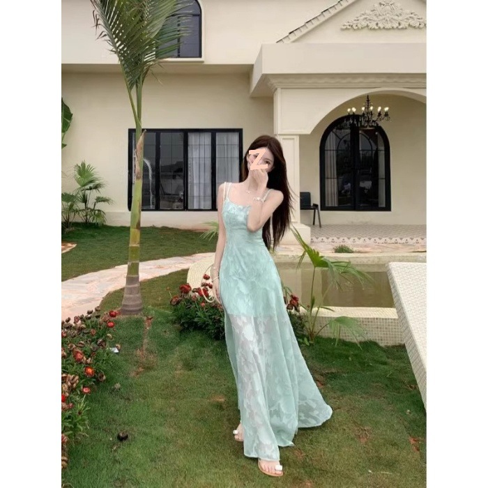 Picture of 2025 Summer New French Style Fresh Sweet Sling dress Women's Seaside Vacation Wear Mid-Length Skirt with Tight Waist
