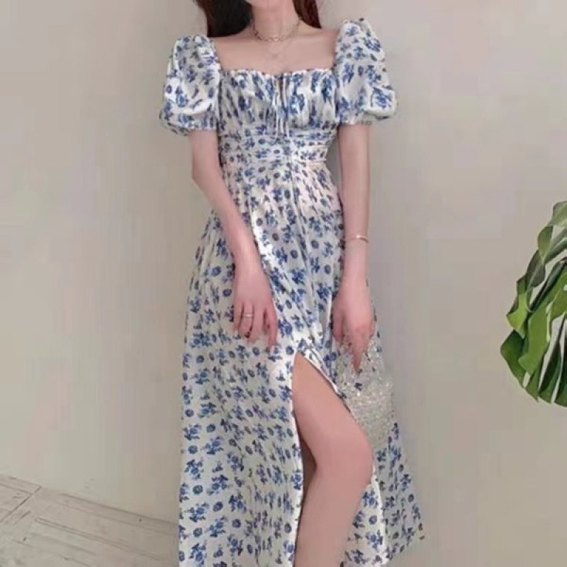 2024 Summer dress Korean Style Square Collar Midi Dress Floral Fashionable Shoulder dress Loose Split Skirt