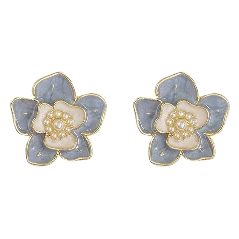 s925 Silver Needle Pearl Flower Earrings Women's Retro Hong Kong Style Oil Painting Earrings Niche Design Warm Soft Style Earrings