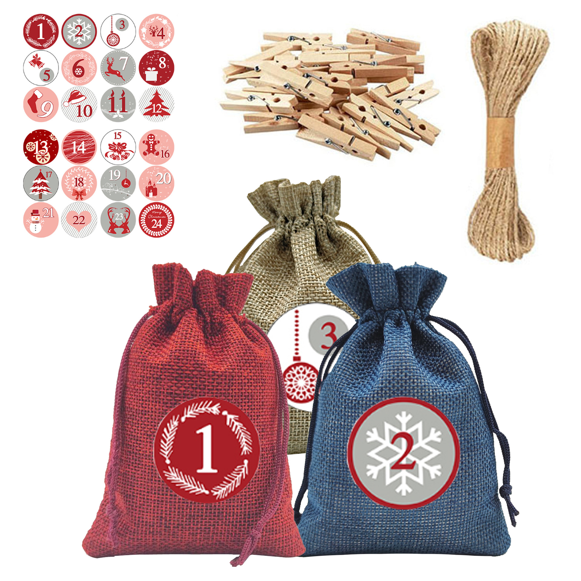 Christmas gift bag 3 color combination set children's candy bag drawstring linen small cloth bag Christmas countdown hanging bag