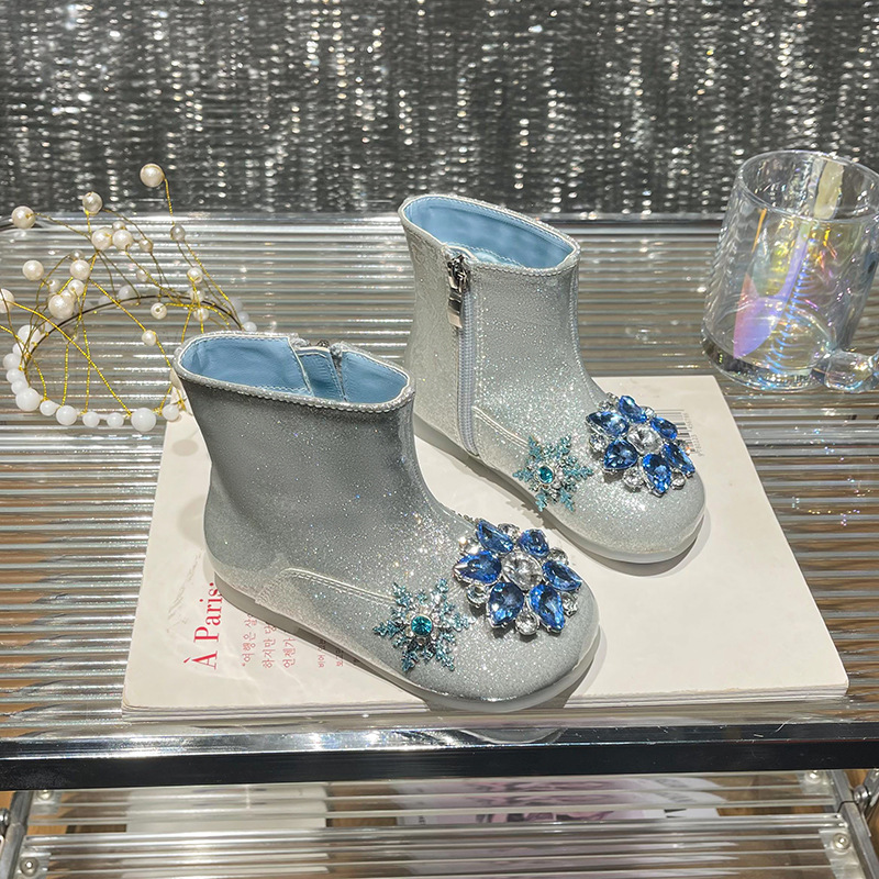 Girls' Short Boots 2025 Autumn and Winter New Style Kidsren's Style Rhinestone Princess Boots Fleece-Lined Warm Single Boots Little Girls Leather Boots