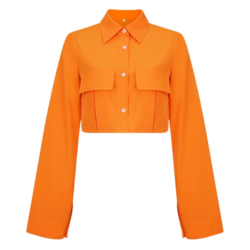 2022 European and American Autum New Shirt Sense of Design Pure Color Flap Pocket Pants Short Design Sense of Design Casual Ins Top for Women