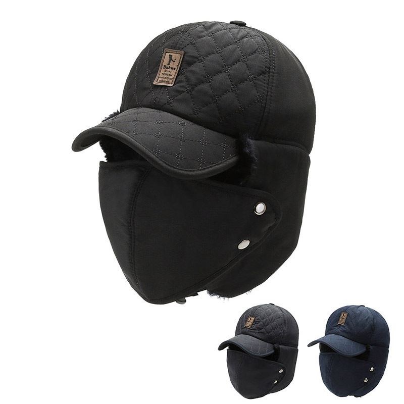 Rhombic embroidered Lei Feng hat autumn and winter men's outdoor cycling cold-proof warm fleece-lined ear mask hat thickened cotton hat