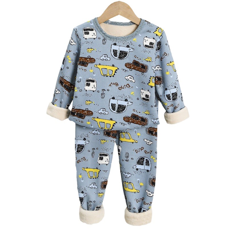 Children's Korean-style thermal underwear suit fleece-lined thickened girls' autumn clothes long pants baby boys' warm clothes autumn and winter