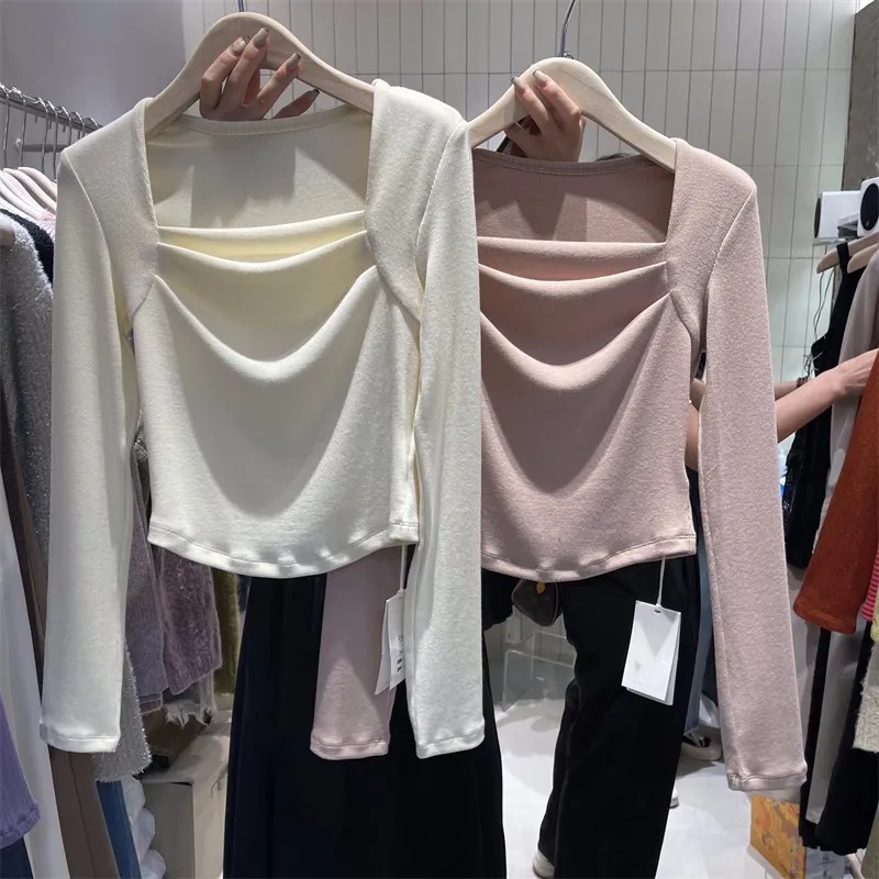 Super soft waxy double-sided velvet bottoming shirt autumn and winter new design sense square collar leak clavicle slim slim sanding top