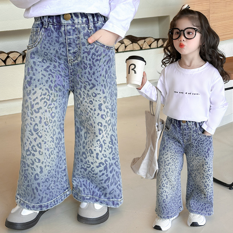 Girl's Pants Spring and Autumn Children's Leopard Print Jeans Fashionable Girl's Loose Straight Pants Baby's Spring Wide Leg Pants