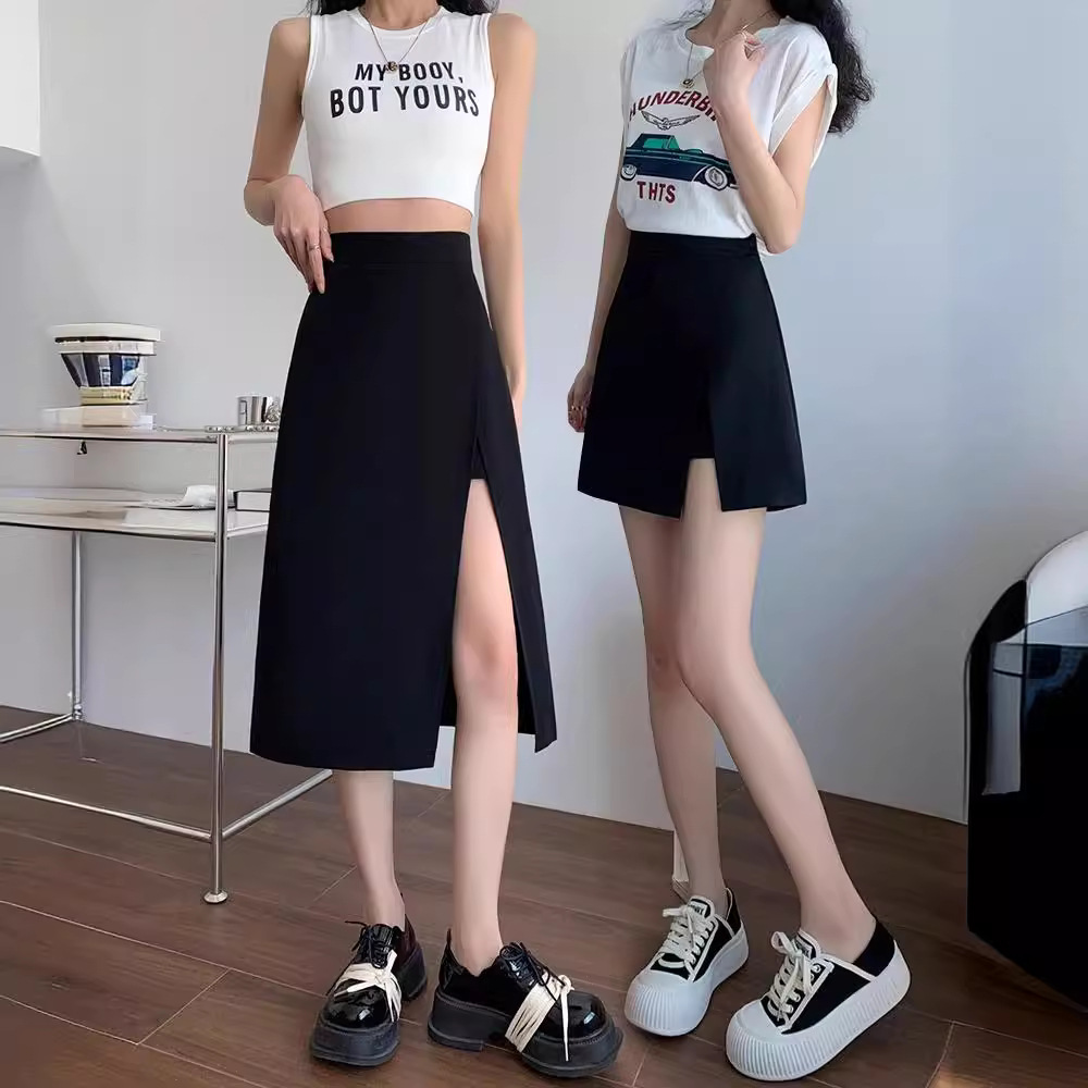 2024 Summer Black Suit Skirt Women's Split A- shaped Mid-length High Waist Slimming Irregular Step Skirt
