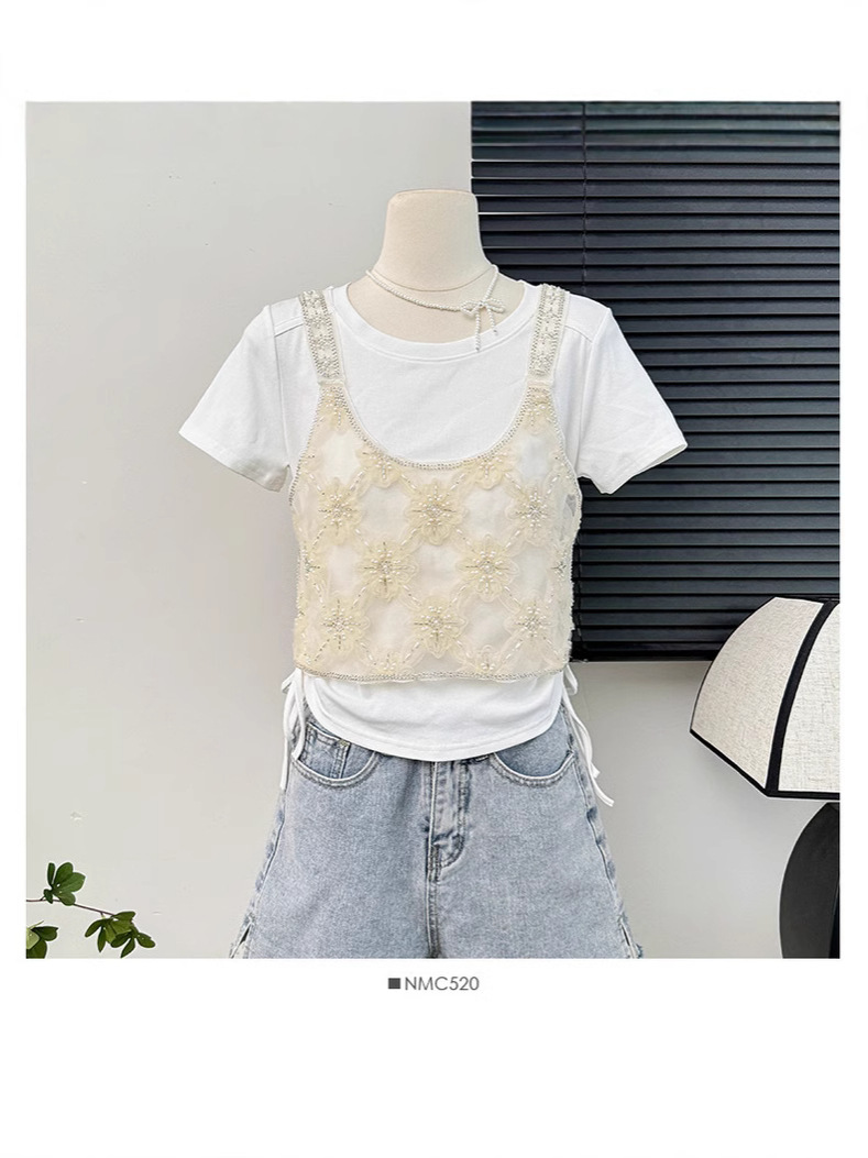 Picture of French Heavy Industry Beaded Hollow Stacked Camisole Women's Summer Design Sense Niche Western Style Fashion Short Top